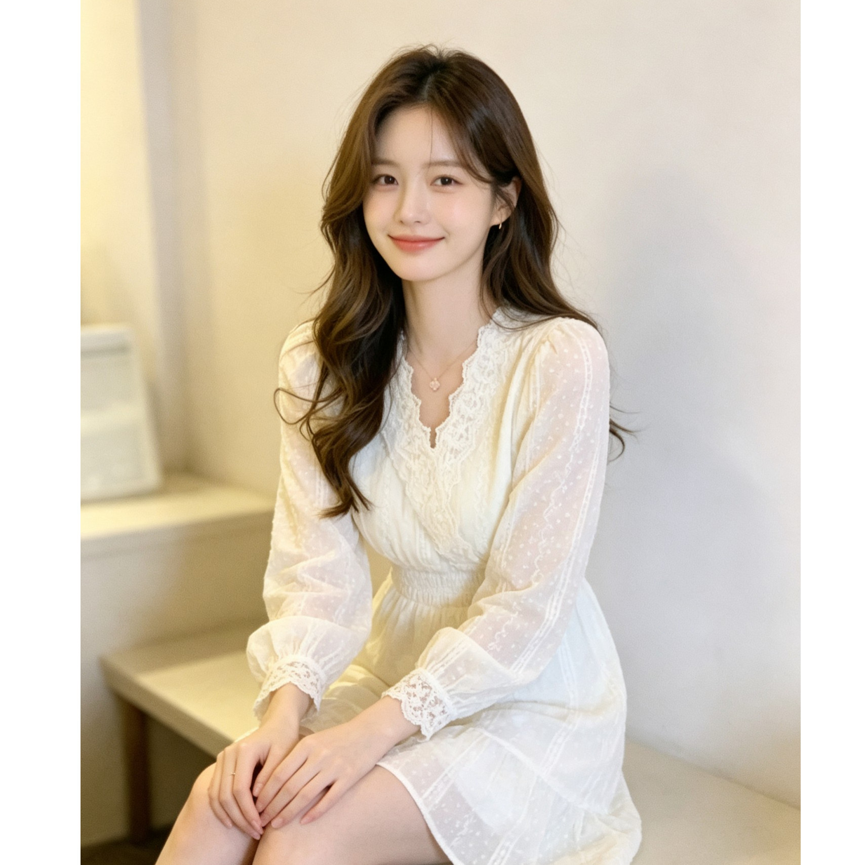 温柔风杏色蕾丝连衣裙女V领花边长袖收腰显瘦小个子短款仙女裙潮图片