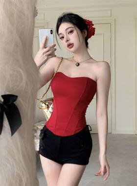 【官图 原版布料 】纯欲辣妹鱼骨抹胸背心女夏束腰紧身红色裹胸上