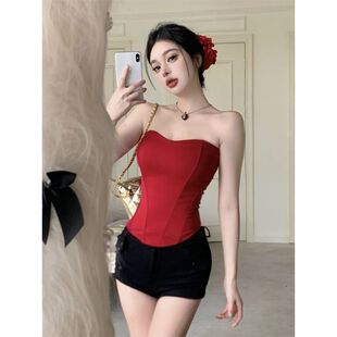 【官图 原版布料 】纯欲辣妹鱼骨抹胸背心女夏束腰紧身红色裹胸上