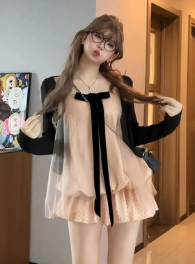 甜美纯欲风蝴蝶结波点吊带开衫纱网蛋糕裙女夏季显瘦花苞短裙套装