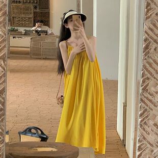 海边度假沙滩宽松露背无袖 气质性感吊带设计感长裙子 连衣裙夏新款