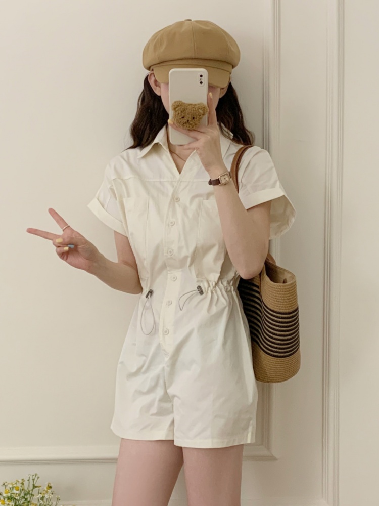 复古收腰工装连体裤女2024夏季新款韩版短袖衬衫宽松阔腿短裤子