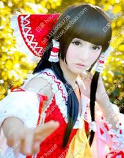 cosplay假发 东方project-博丽灵梦 黑色长直造型 高温丝COS假发