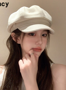 CUNCY八角贝雷帽子女春夏大头围白色百搭显脸小复古报童画家帽