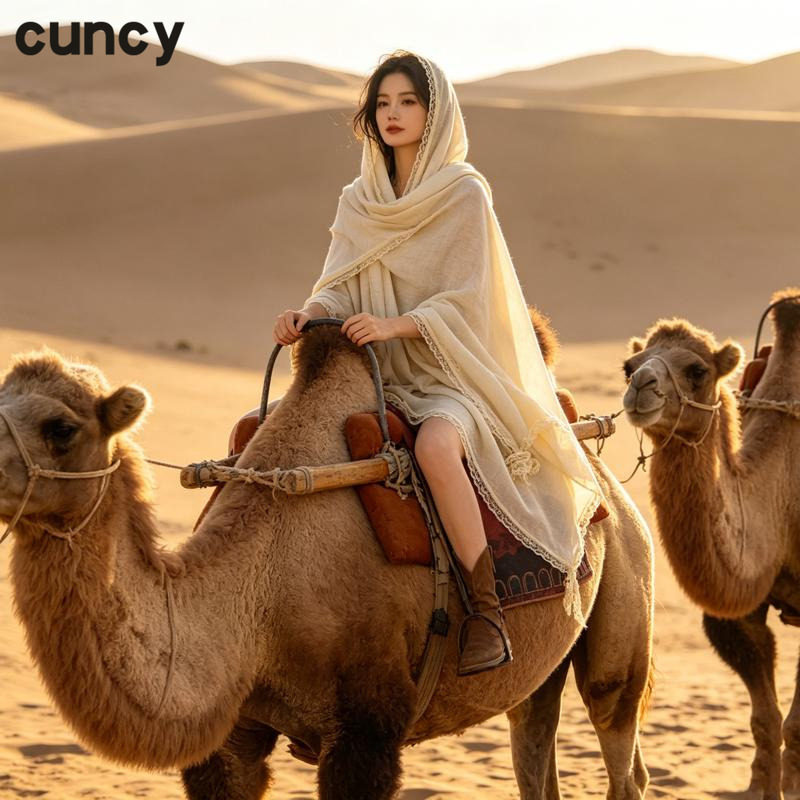 CUNCY米白色民族风旅游防晒围巾/丝巾/披肩