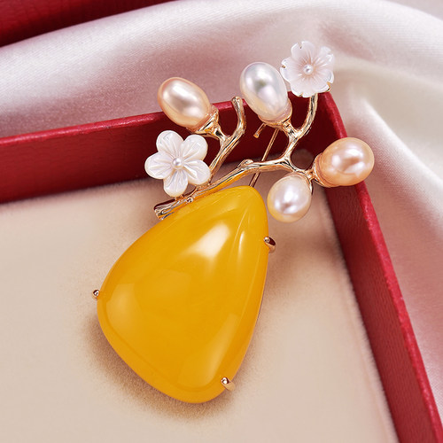 YDL设计师岩石蜜蜡梅花珍珠胸针
