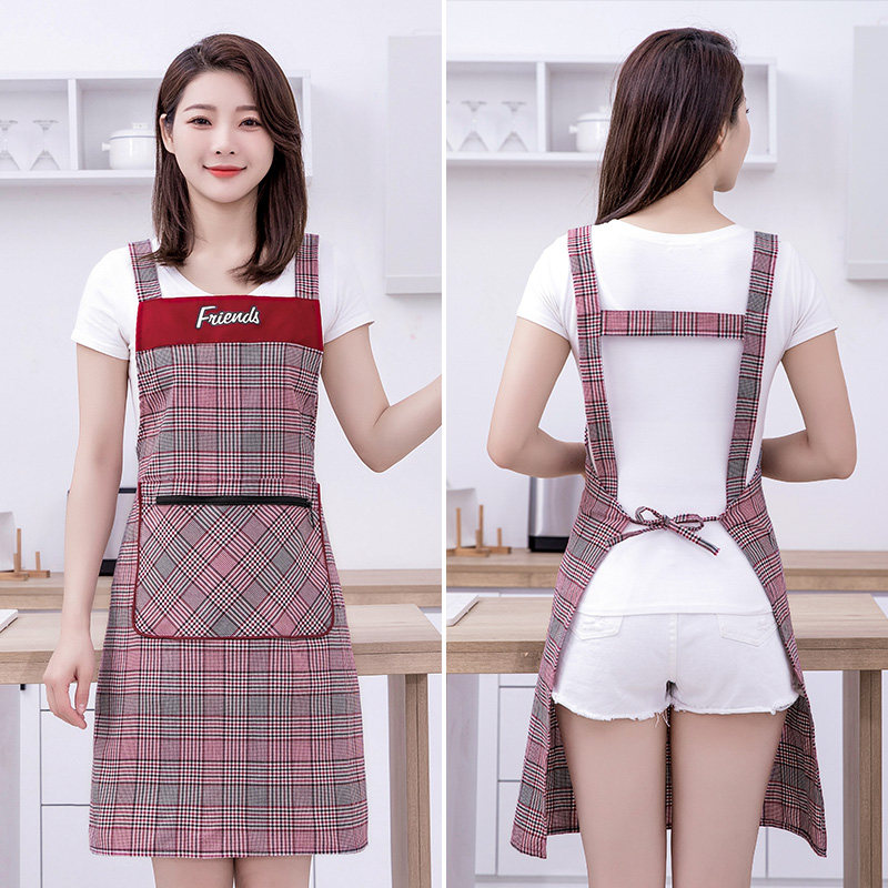 时尚格子高档棉布围裙女家用厨房做饭工作服透气上班耐脏背带围腰