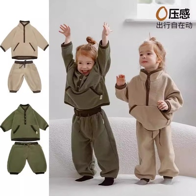 HengBaby男女童秋冬摇粒绒休闲纯色上衣裤子套装儿童冲锋衣内胆