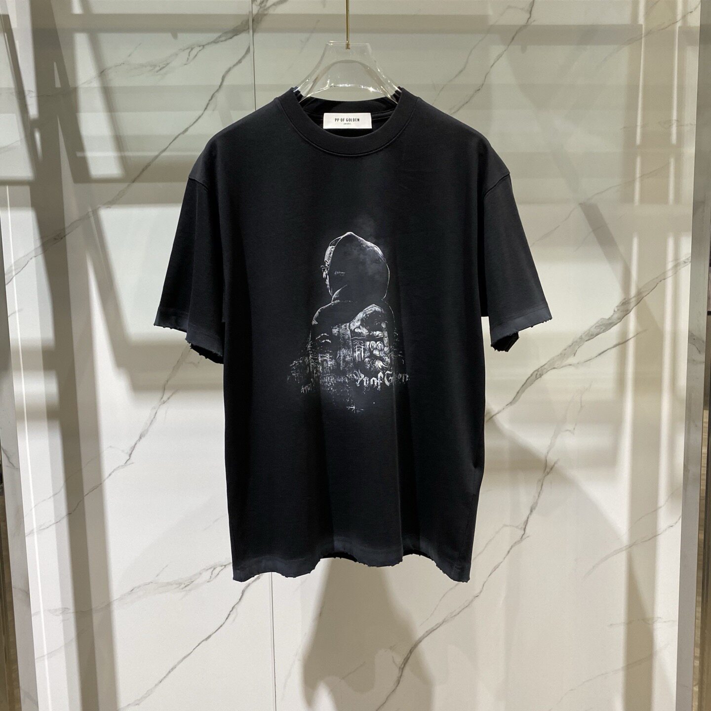 PP OF GOLDEN 26春夏新款logo字母人像印花破坏做旧男士短袖T恤