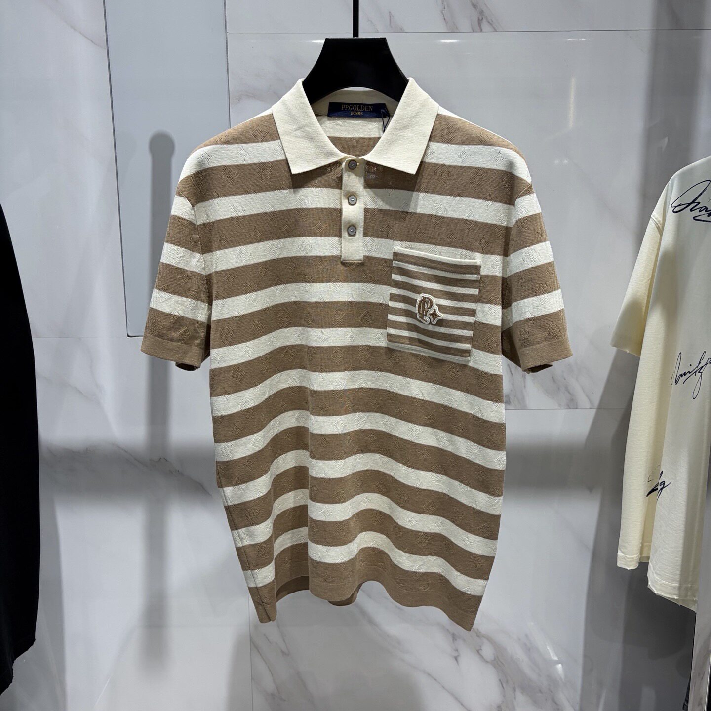 PP.GOLDEN 26春夏新款口袋logo字母刺绣满身提花男士短袖POLO衫