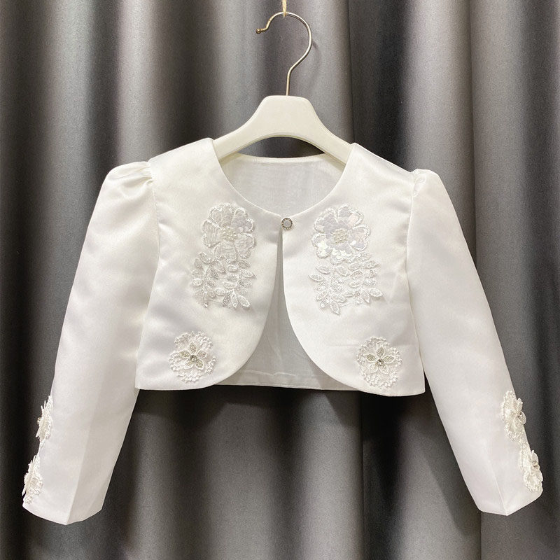 新款女童礼服披肩公主宝宝珍珠短外搭春夏季短袖白色婚纱小外套