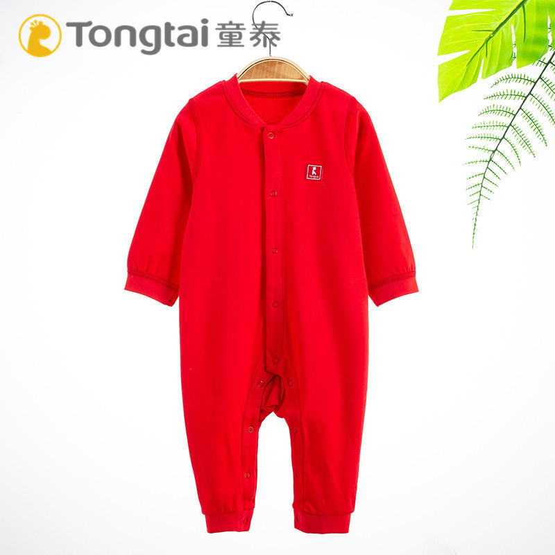 纯棉童泰大红闭裆连体衣