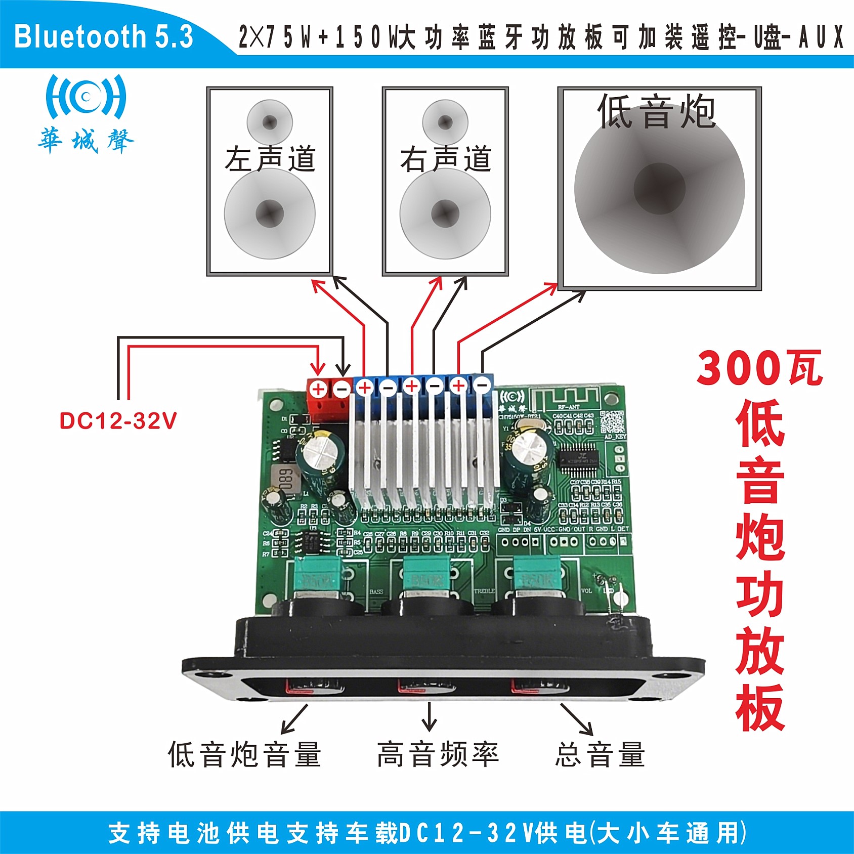 300W大功率高保真2.1低音炮2&times;75W+150W蓝牙功放板DC12-32V供电