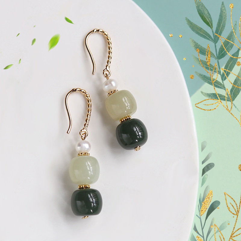 和田玉晴水 珍珠复古古风宋代耳环 气质名媛绿色汉服耳夹无耳洞