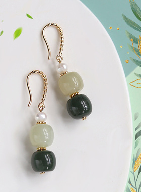 和田玉晴水 珍珠复古古风宋代耳环 气质名媛绿色汉服耳夹无耳洞