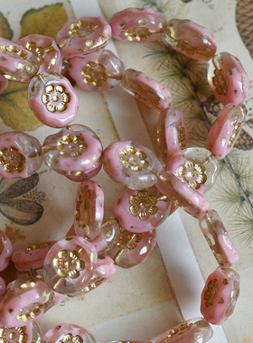 樱花粉椭圆压制捷克珠玻璃散珠复古串珠材料14x11mm