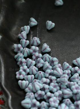 浅蓝撞色紫色4x6mm玻璃散珠DIY复古迷你莲雾小花