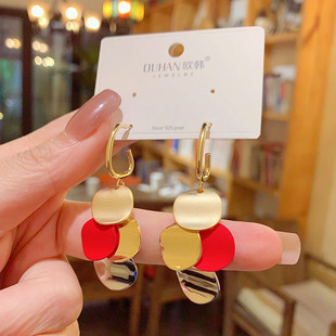 高级感红色几何扭曲亮片耳环欧美大气时尚 网红银针耳钉显脸瘦耳饰