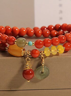 新款南红玛瑙多层手链女ins小众轻奢复古蜜蜡平安扣双圈手串闺蜜