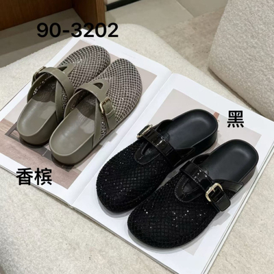 诗路花语2026夏款时尚平底网面亮钻包头凉拖百搭休闲拖鞋90-3202