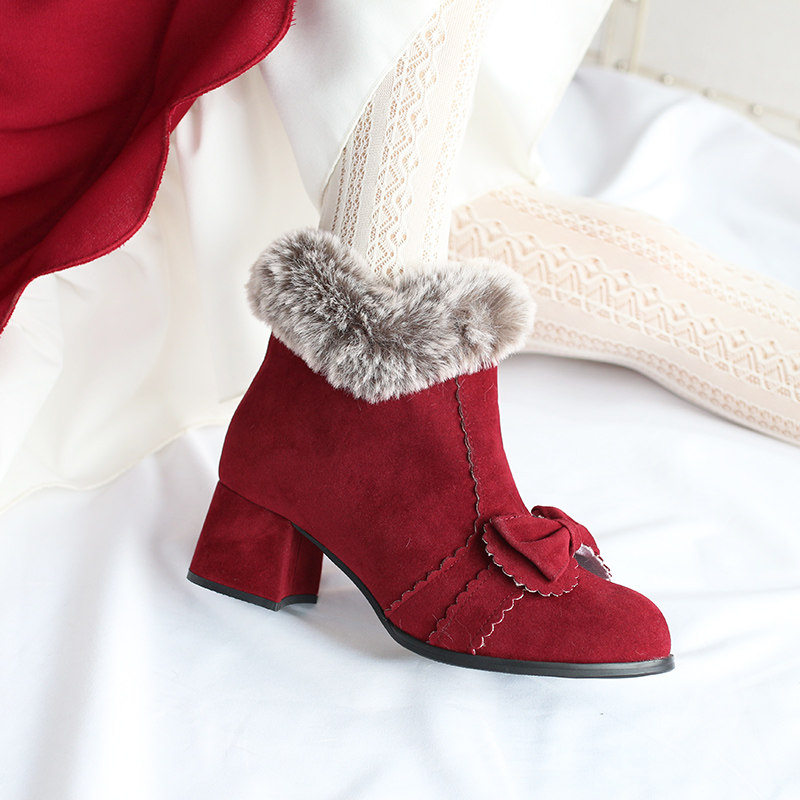 2025年新款红色短靴女加绒中跟女鞋百搭绒面粗跟冬增高显瘦靴子,女鞋,马丁靴,淘宝优惠券,粉丝福利购,淘宝优惠卷