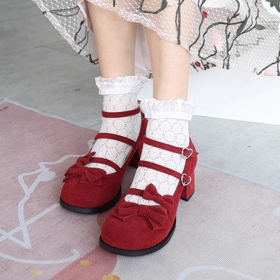 红色洛丽塔小皮鞋女百搭中跟LO鞋