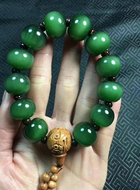 藏品和田玉碧玉绿猫眼大鼓珠手串品质好带证书支持全国复检