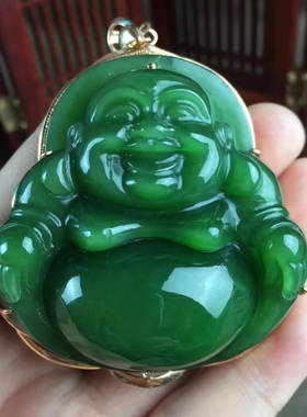 保证收藏品新疆和田帝王绿碧玉镶金大肚佛吊坠