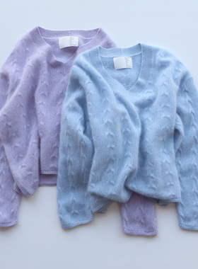 孤品 女士温柔气质款V领绞花拉毛拉绒羊绒衫套头显瘦针织衫上衣