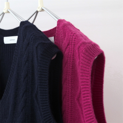 特价外贸尾单 复古绞花学院风纯色V领羊毛牦牛绒针织坎肩马甲背心