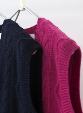 特价外贸尾单 复古绞花学院风纯色V领羊毛牦牛绒针织坎肩马甲背心