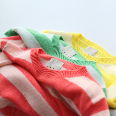 秋冬女士糖果色条纹拼色长袖针织衫甜美百搭柔软舒适羊绒衫毛衣