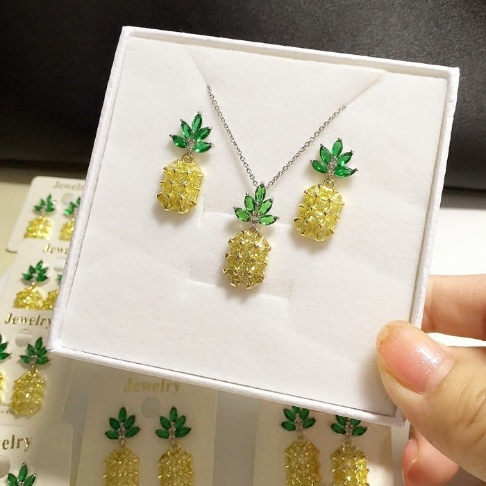 KIKI ACC 精致好货s925银针 菠萝耳钉女 耳环项链套装 纯银礼物