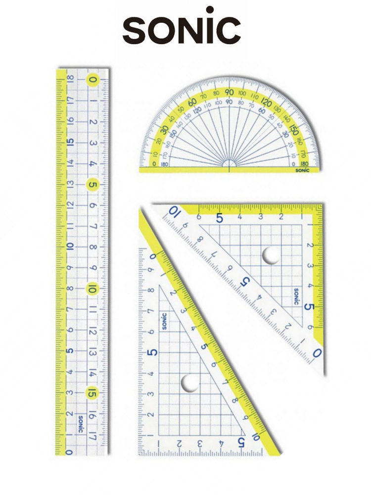 일본 SONIC 대형 디지털 초등학교 눈금자 투명 사각형 눈금자 삼각형 플레이트 각도기 보관함 세트