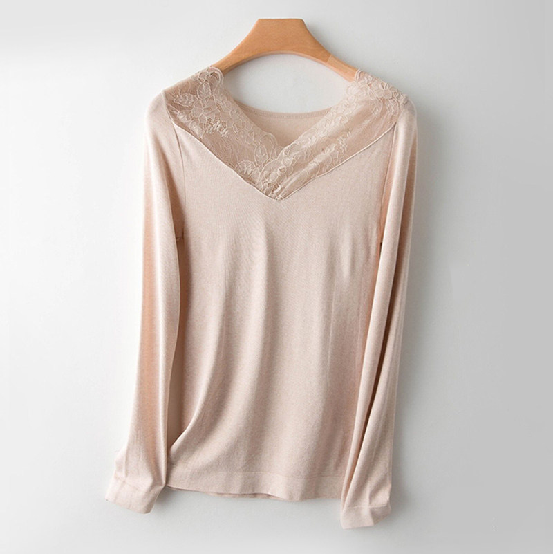 保暖内衣女簿款秋蕾丝长袖打底衫紧身美体保暖上衣亲肤舒适莱卡女