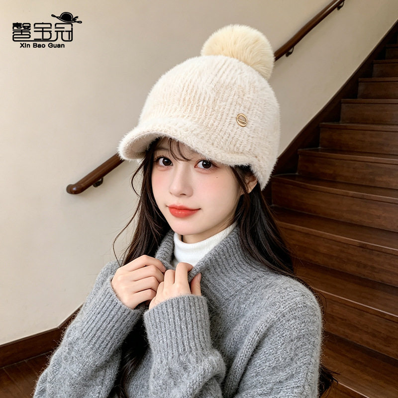 冬季户外保暖毛绒帽子女韩版时尚毛球针织毛线帽显脸小鸭舌棒球帽