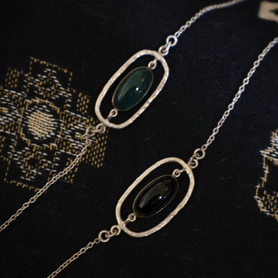 印度旅行带回孤品手作椭圆边框绿黑玛瑙925银手链