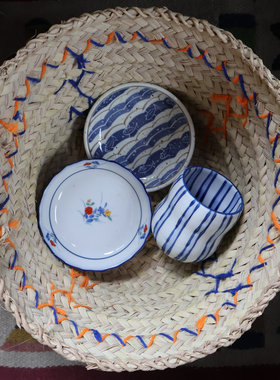 日本旅行带回餐具蓝色小花条纹海洋小鱼盘碟杯子