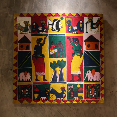 非洲坦桑尼亚旅行带回村庄彩色生活场景动物房子人劳作画原稿原作