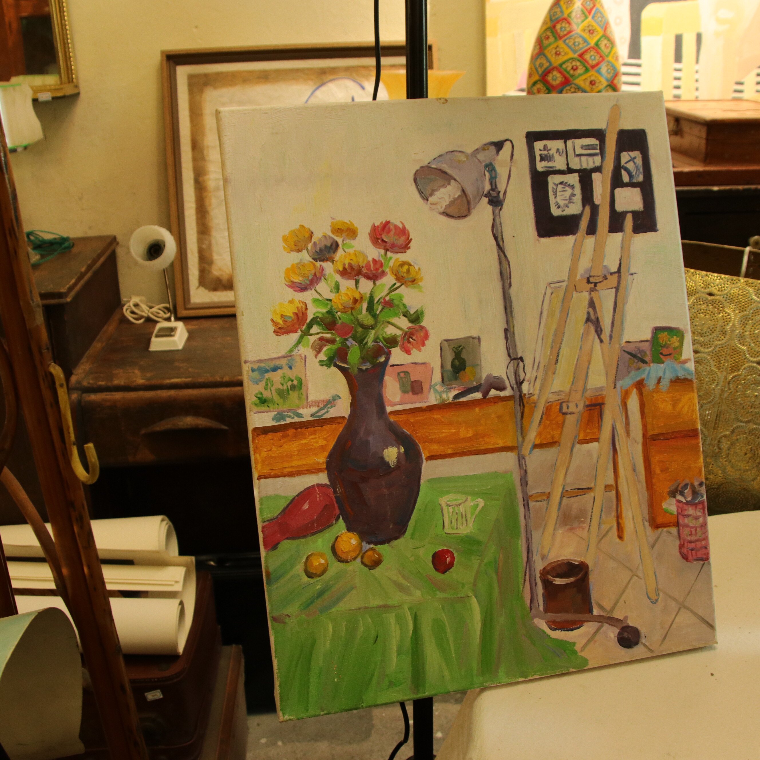 旅行带回孤品彩色书桌静物画油画原稿原作