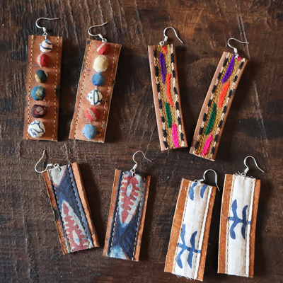 摩洛哥旅行带回手工制作缝制彩色球球骆驼皮925银耳环