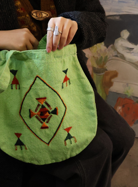 埃及锡瓦siwa旅行带回孤品部落手工刺绣图腾绿色装饰包单肩手提包