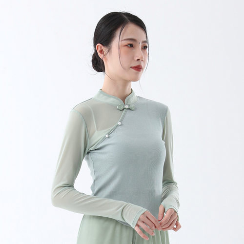 古典舞服装复古优雅拼接纱袖旗袍领显瘦上衣舞蹈生日常训练舞蹈服