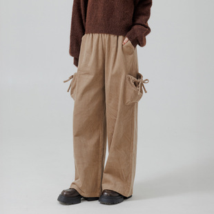 QUEENSHOP 2025秋冬新品女装休闲绑绳口袋灯心绒直筒长裤04101988