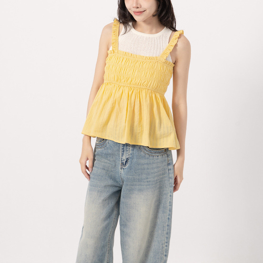 QUEENSHOP2026春夏新品女装条纹荷叶肩带伞摆罩衫背心-黄01099772