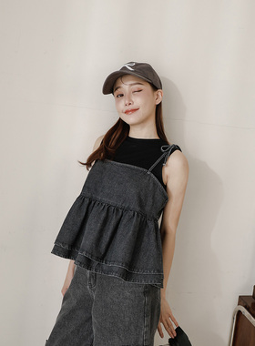 QUEENSHOP 2026春夏新品女装后排扣开衩绑带牛仔双层背心01098843