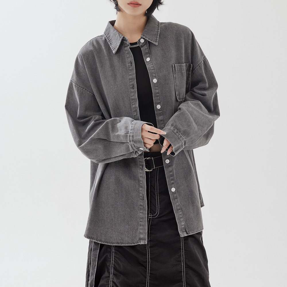 QUEENSHOP 2026春夏新品女装洗旧感纯棉单口袋牛仔衬衫