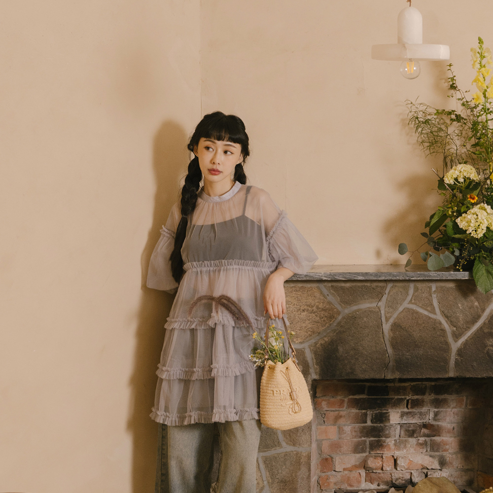 澎袖透纱蛋糕短洋装罩衫浅灰