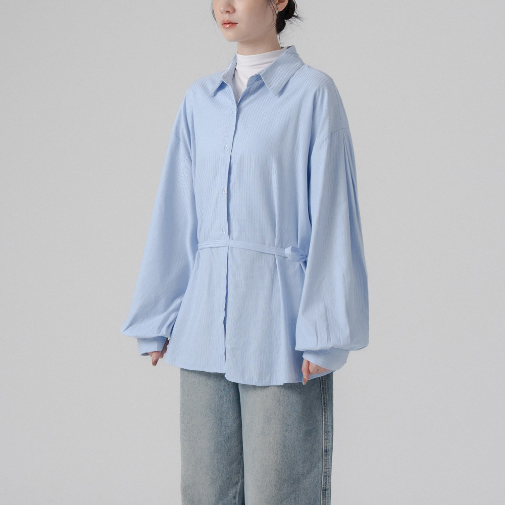 QUEENSHOP 2026春夏女装蕾蒂直条细格打褶附绑带衬衫-蓝01025775