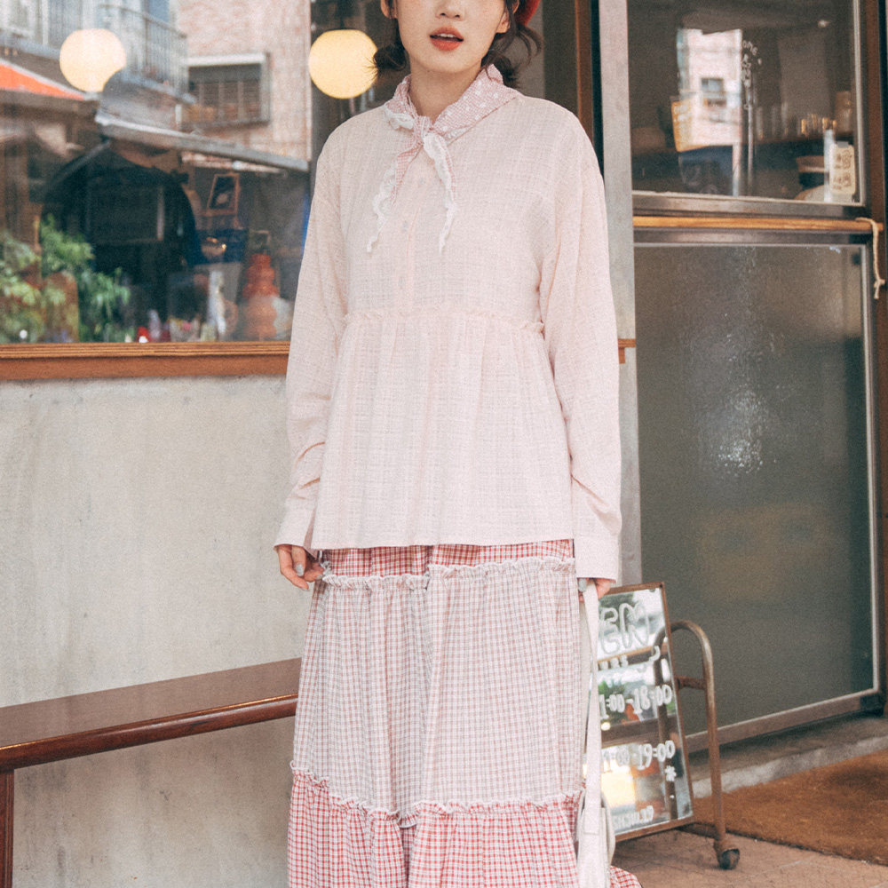 QUEENSHOP 2026秋冬新品女装简约透肤格纹中山领衬衫-粉01025857